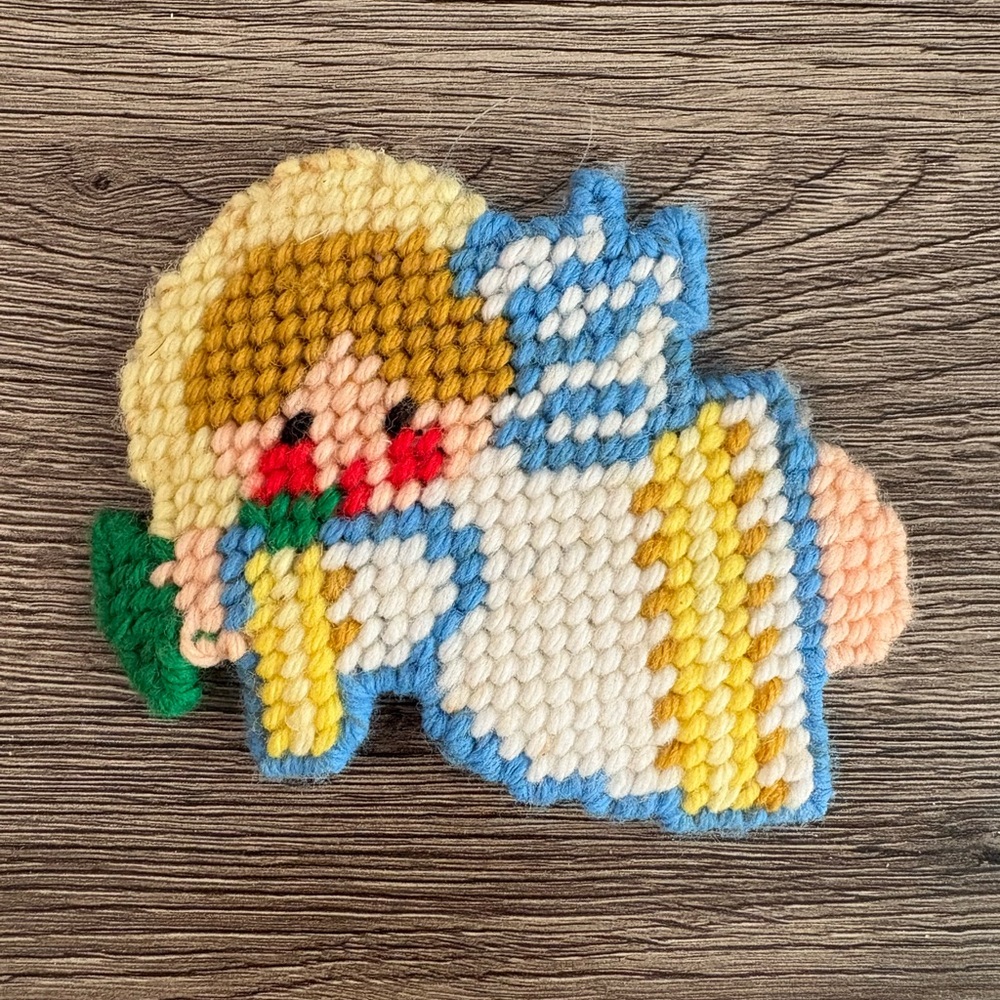 Vintage Handmade Christmas Holiday Angel Needlepoint Ornament